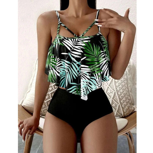 LolaBeach - Tankini z falbankami i nadrukiem liści