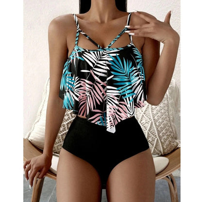 LolaBeach - Tankini z falbankami i nadrukiem liści