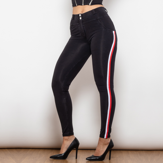 Dżinsy skinny damskie w biało-czerwone paski