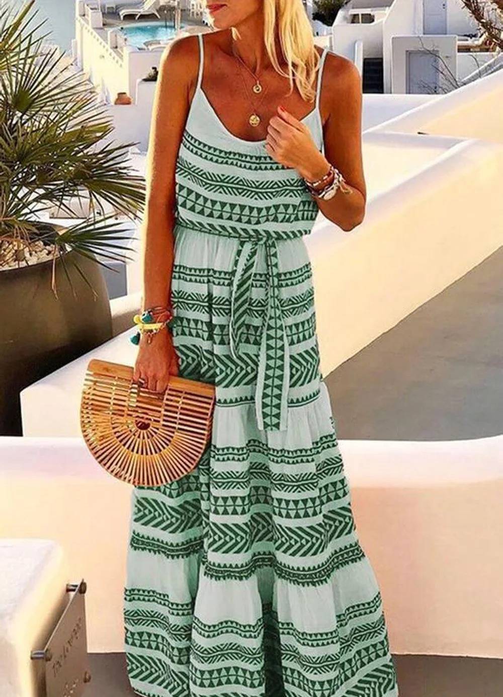 Cami - Sukienka bez ramiączek z dekoltem V i geometrycznym nadrukiem w stylu boho