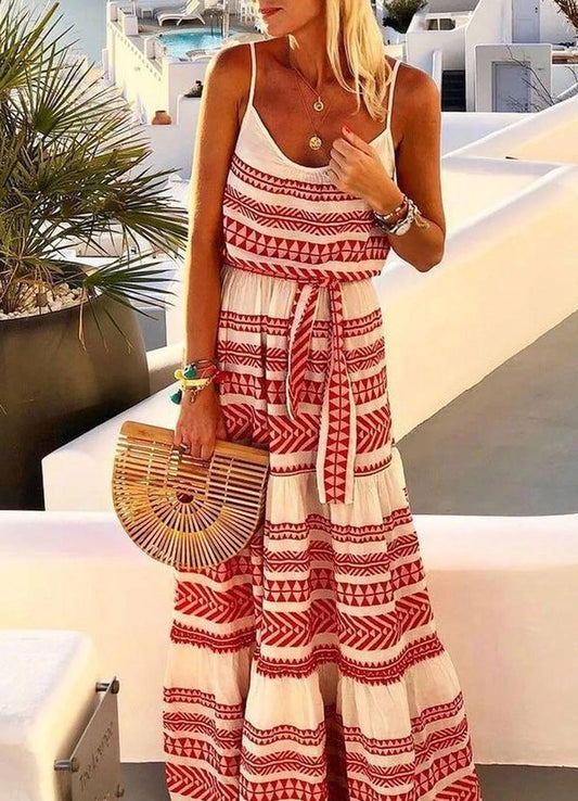 Cami - Sukienka bez ramiączek z dekoltem V i geometrycznym nadrukiem w stylu boho